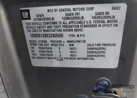 2002 Chevrolet Trailblazer Ls z USA, uszkodzony, nr VIN 1GNDS13SX22455936